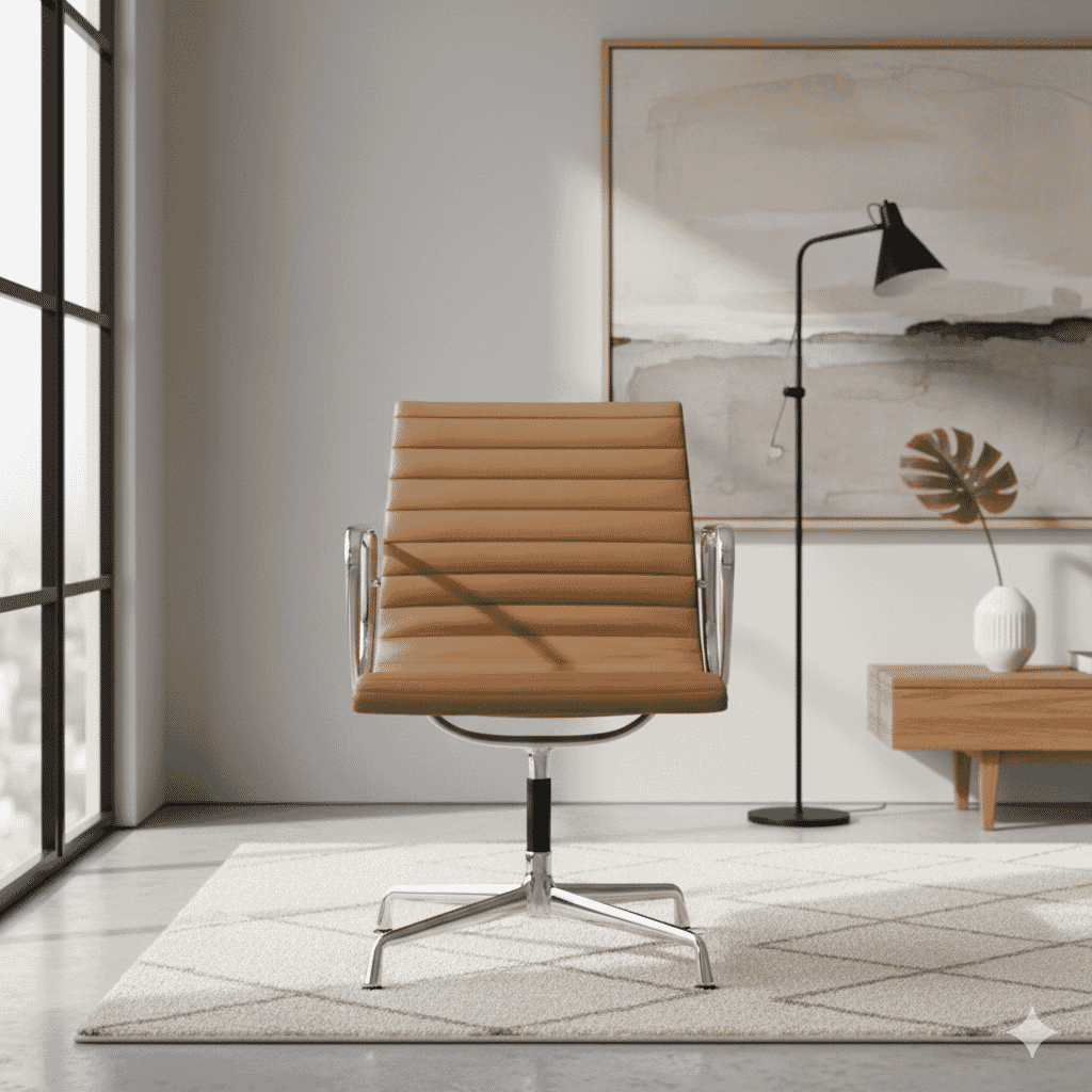 Eames Office Aluminium Chair EA 108 In Brown Leather